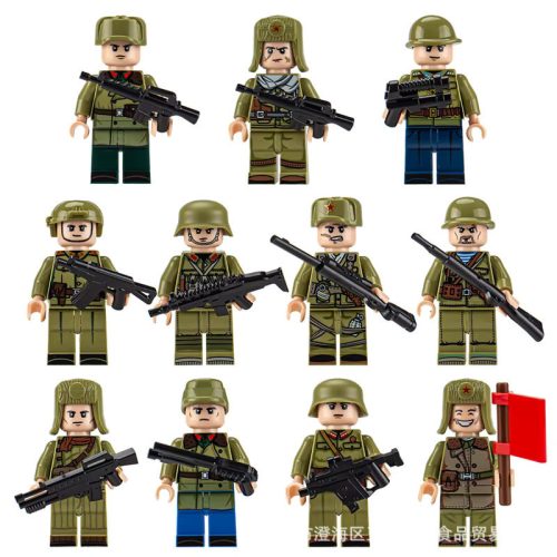 Katonai építőjáték figura szett - 11 db különböző szovjet katonafigura kiegészítőkkel