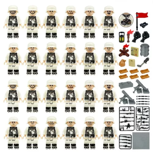 Katonai építőjáték figura szett - 24 db világháborús német hegyivadász katona, számos kiegészítővel, 1 db alaplappal