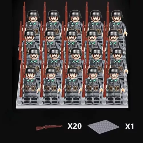 Katonai építőjáték figura szett - 20 db német világháborús katona figura kiegészítőkkel, 1 db alaplappal