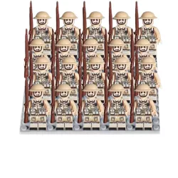   Katonai építőjáték figura szett - 20 db angol világháborús katona figura kiegészítőkkel, 1 db 15x15 cm-es alaplappal