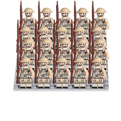 Katonai építőjáték figura szett - 20 db angol világháborús katona figura kiegészítőkkel, 1 db 15x15 cm-es alaplappal
