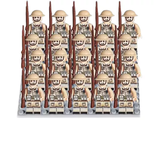 Katonai építőjáték figura szett - 20 db angol világháborús katona figura kiegészítőkkel, 1 db 15x15 cm-es alaplappal