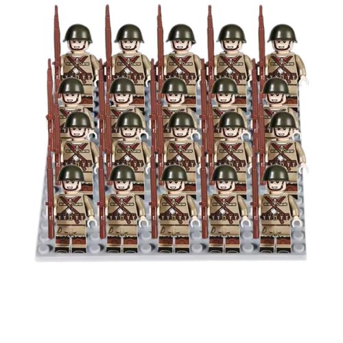 Katonai építőjáték figura szett - 20 db amerikai világháborús katona figura kiegészítőkkel, 1 db 15x15 cm-es alaplappal