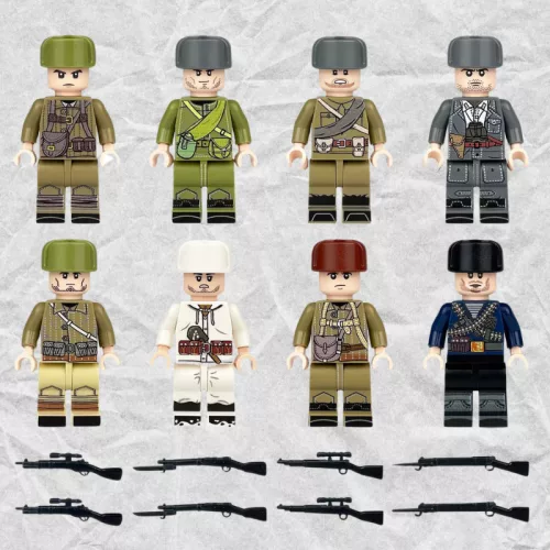 Katonai építőjáték figura szett - 8 db különböző világháborús orosz katonafigura kiegészítőkkel