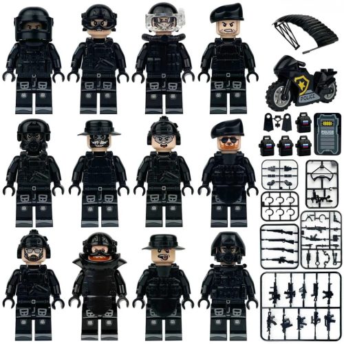 12 darab különleges bevetési egység építőjáték figura, számos kiegészítővel, motorkerékpárral