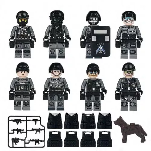 8 darab USAF speciális bevetési egység építőjáték figura, számos kiegészítővel.