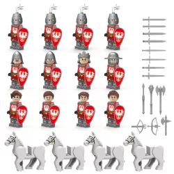   Középkori hadsereg építőjáték figura szett - 12 db középkori katonafigura, 4 db lófigura, valamint számos kiegészítő