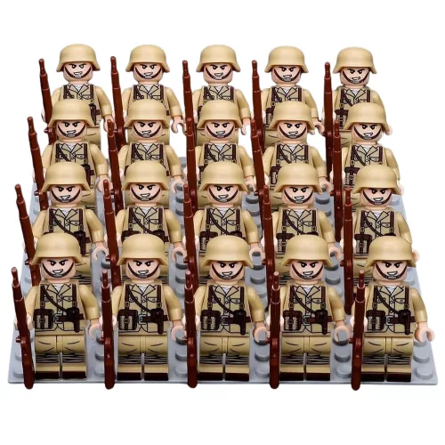 Katonai építőjáték figura szett - 20 db világháborús német katona, Africa Corps kiegészítőkkel, 1 db alaplappal