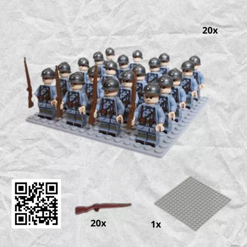 Katonai építőjáték figura szett - 20 db világháborús francia katona, kiegészítőkkel, 1 db alaplappal
