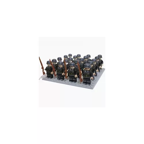 Katonai építőjáték figura szett - 20 db világháborús német gyalogos katona, kiegészítőkkel, 1 db alaplappal